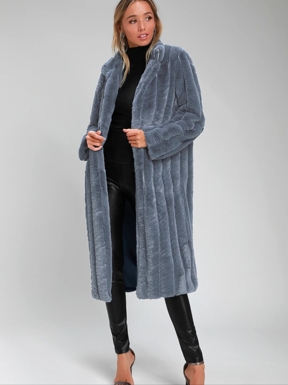 Cozy Queen Slate Blue Faux Fur Long Coat